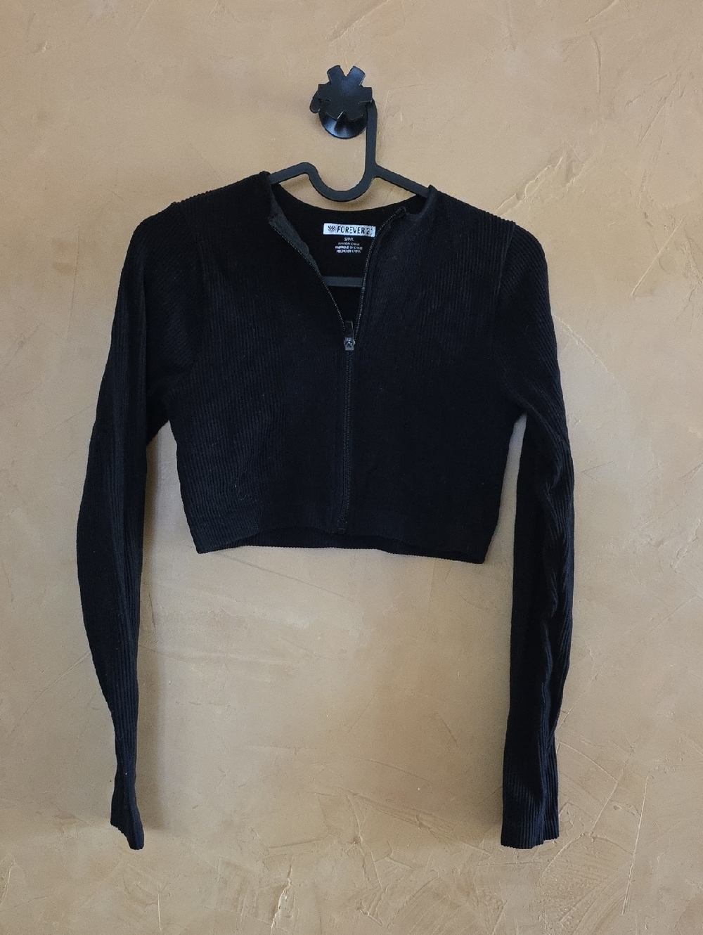 Forever 21 Black Ribbed Cropped Zip-Front Top